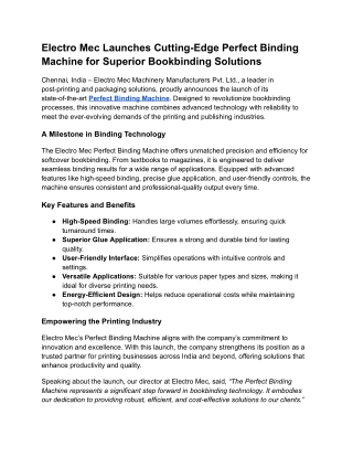 Electro Mec Launches Cutting-Edge Perfect Binding Machine for Superior Bookbinding Solutions