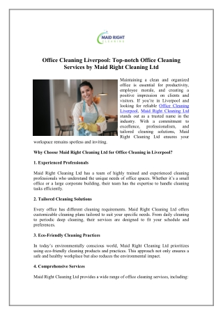 Book Office Cleaning Liverpool - Maid Right Cleaning Ltd