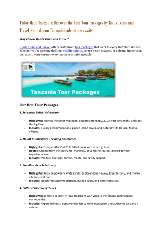 Tailor-Made Tanzania Discover the Best Tour Packages by Roots Tours and Travel
