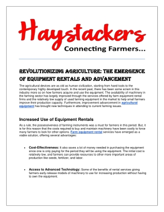 Revolutionizing Agriculture The Emergence of Equipment Rentals and Advancement