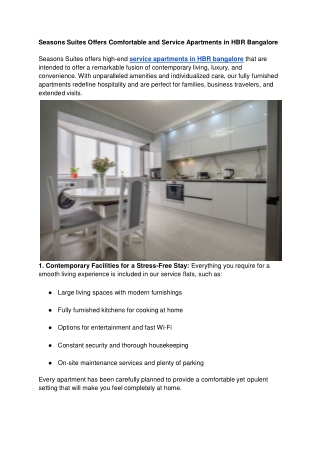 Seasons Suites Offers Comfortable and Service Apartments in HBR Bangalore