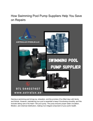 How Swimming Pool Pump Suppliers Help You Save on Repairs