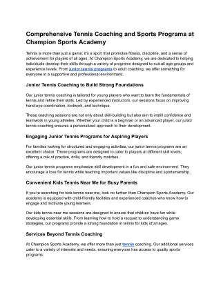 Comprehensive Tennis Coaching and Sports Programs at Champion Sports Academy