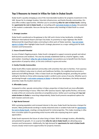 Top 5 Reasons to Invest in Villas for Sale in Dubai South