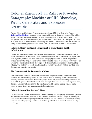 Colonel Rajyavardhan Rathore Provides Sonography Machine at CHC Dhanakya