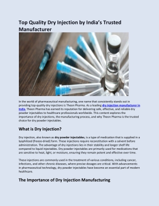 Top Quality Dry Injection by India’s Trusted Manufacturer