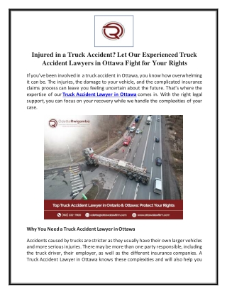 Injured in a Truck Accident - Let Our Experienced Truck Accident Lawyers in Ottawa Fight for Your Rights