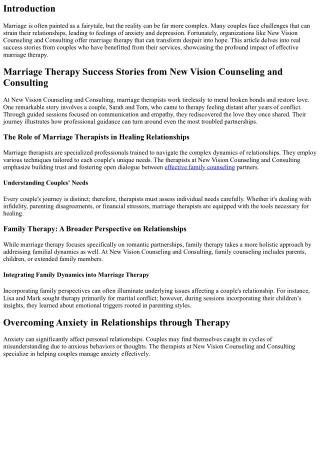 Marriage Therapy Success Stories from New Vision Counseling and Consulting