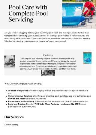 Pool Care with Complete Pool Servicing