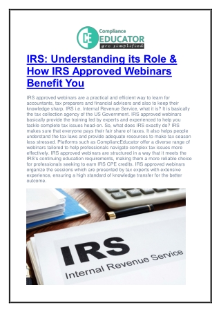 IRS: Understanding its Role & How IRS Approved Webinars Benefit You
