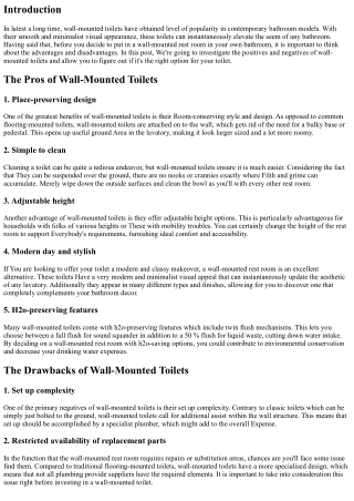 The Pluses and minuses of Wall-Mounted Toilets: Could it be Correct for Your Res