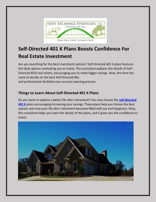 Self-Directed 401 K Plans Boosts Confidence For Real Estate Investment