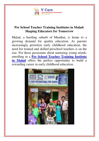 Pre School Teacher Training Institutes in Malad Shaping Educators for Tomorrow