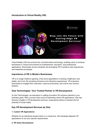 Introduction to Virtual Reality (VR)