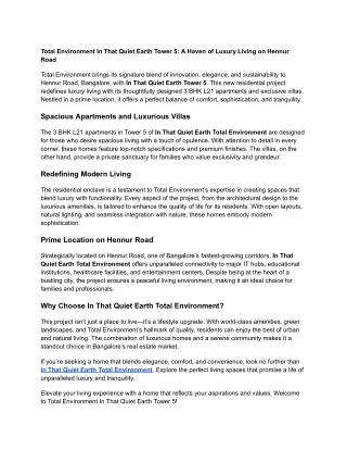 Total Environment In That Quiet Earth Tower of Luxury Living on Hennur Road