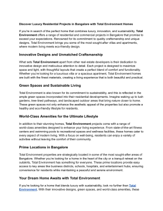 Discover Luxury Residential Projects in Bangalore with Total Environment Homes