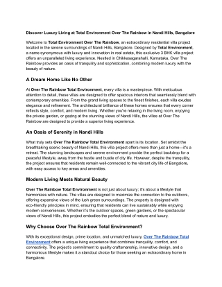 Luxury Living at Total Environment Over The Rainbow in Nandi Hills, Bangalore