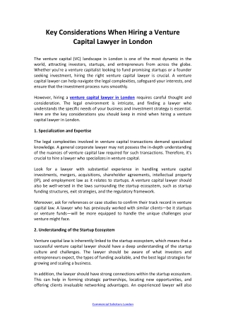 Key Considerations When Hiring a Venture Capital Lawyer in London