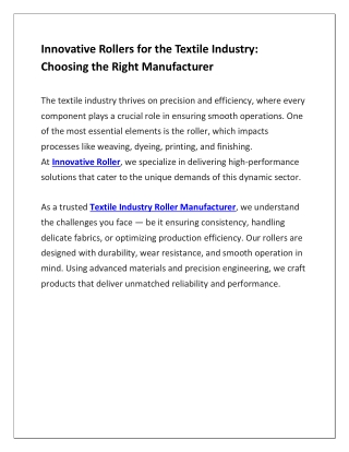 Innovative Rollers for the Textile Industry Choosing the Right Manufacturer