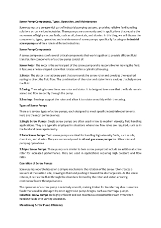 Screw Pump Components, Types, Operation, and Maintenance