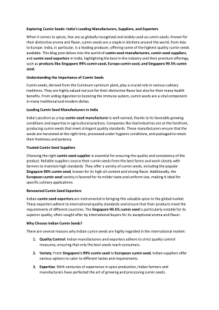 Exploring Cumin Seeds India’s Leading Manufacturers, Suppliers, and Exporters