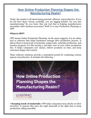 How Online Production Planning Shapes the Manufacturing Realm?