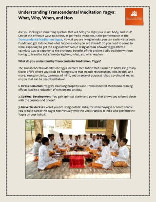 Understanding Transcendental Meditation Yagya: What, Why, When, and How