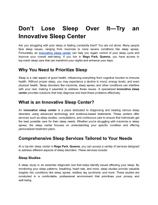 Don’t Lose Sleep Over It—Try an Innovative Sleep Center