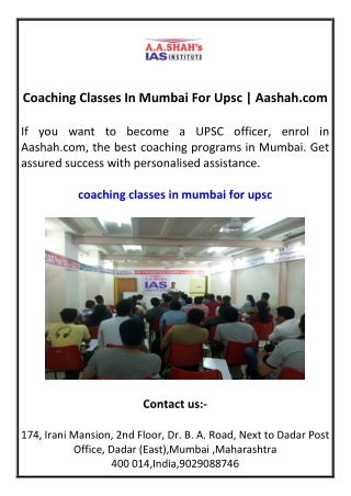 Coaching Classes In Mumbai For Upsc | Aashah.com