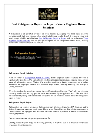Best Refrigerator Repair in Jaipur - Yours Engineer Home Solutions