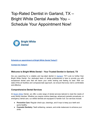 Top-Rated Dentist in Garland, TX – Bright White Dental Awaits You – Schedule Your Appointment Now!