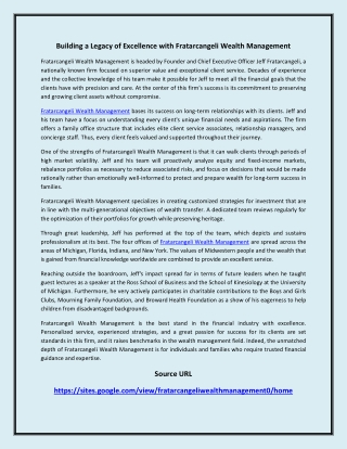 Building a Legacy of Excellence with Fratarcangeli Wealth Management