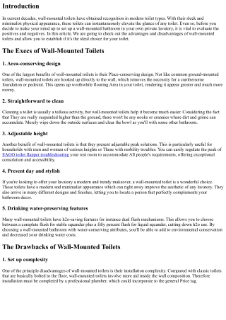 The Pros and Cons of Wall-Mounted Toilets: Can it be Suitable for the Lavatory?