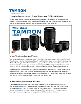 Tamron Lenses Prime, Zoom, and Z- Mount Lens