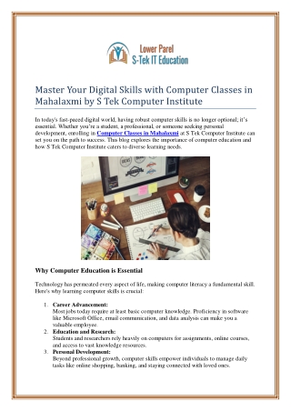 Master Your Digital Skills with Computer Classes in Mahalaxmi by S Tek Computer