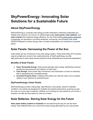 SkyPowerEnergy: Innovating Solar Solutions for a Sustainable Future