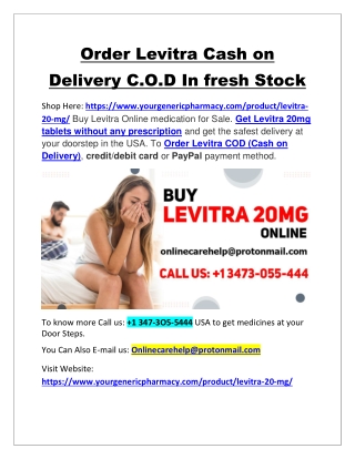 Order Levitra Cash on Delivery C.O.D In fresh Stock