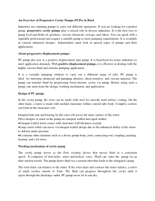 An Overview of Progressive Cavity Pumps (PCPs) in Brief