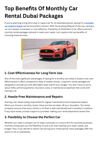 Top Benefits Of Monthly Car Rental Dubai Packages