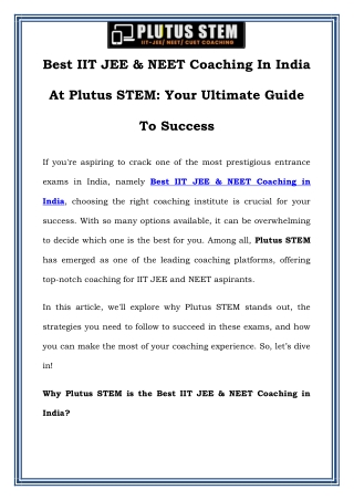 Best IIT JEE & NEET Coaching in India at Plutus STEM