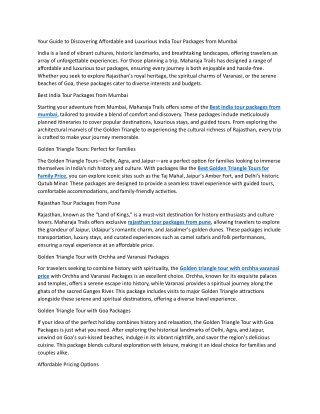 Your Guide to Discovering Affordable and Luxurious India Tour Packages from Mumb