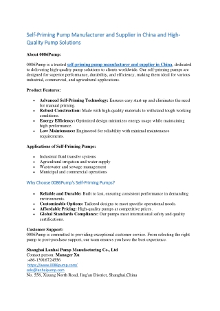 Self-Priming Pump Manufacturer and Supplier in China and High-Quality Pump Solutions