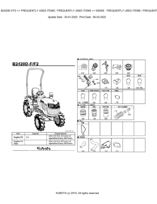 Kubota B2420D-F  B2420D-F2 Tractor Parts Catalogue Manual Instant Download