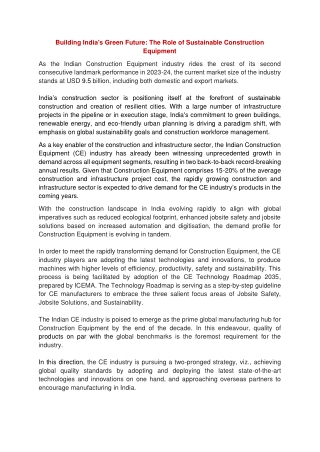 Building India's Green Future: Sustainable Construction Equipment's Role