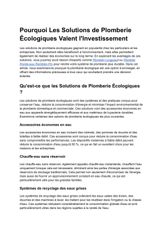 Pourquoi Les Solutions de Plomberie Écologiques Valent l'Investissement