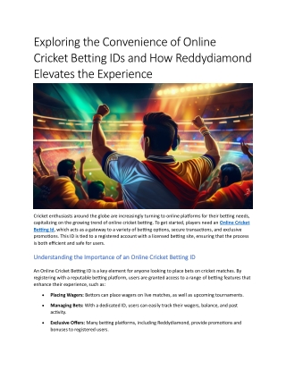 Exploring the Convenience of Online Cricket Betting IDs and How Reddydiamond Elevates the Experience