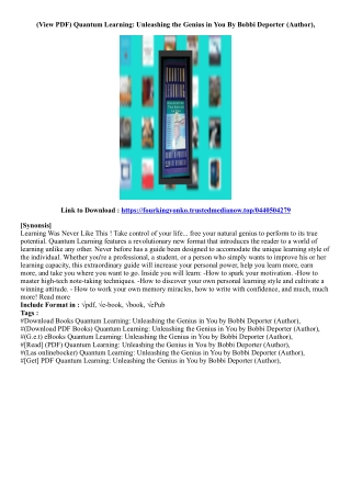 [Get Book] Quantum Learning: Unleashing the Genius in You By Bobbi Deporter (Aut
