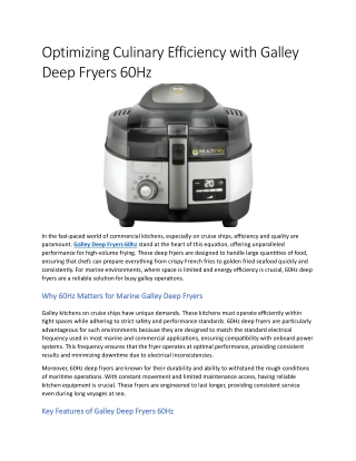 Optimizing Culinary Efficiency with Galley Deep Fryers 60Hz