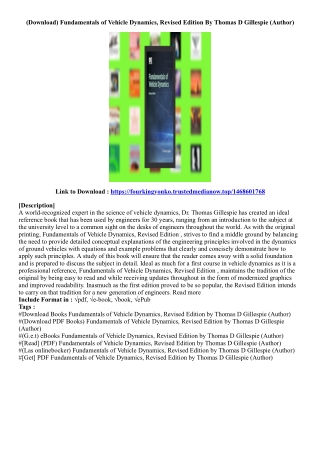 [Ebook Download] Fundamentals of Vehicle Dynamics, Revised Edition By Thomas D G