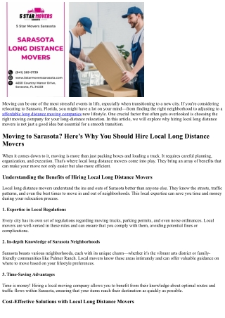 Moving to Sarasota? Here’s Why You Should Hire Local Long Distance Movers